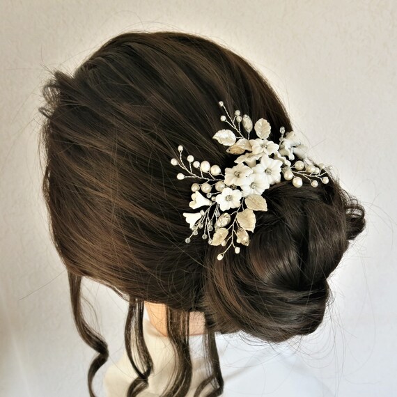 Wedding Hair Piece Silver With White Flowers Bridal Headpiece Etsy