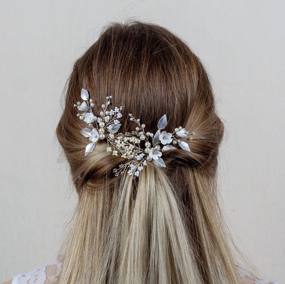 Bridal Hair Piece Boho Floral Bride Headpiece Silver Hair Etsy