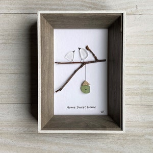 Beach glass bird art, Lake Superior pebble art, birds on a branch, driftwood art, beach art, Lake Superior driftwood, pebble art