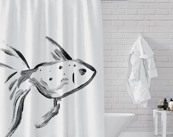 One Fish Shower Curtain:  Black and White Ink Sketch - Soft Premium Silky White Woven Fabric, Minimalist Brush Painting / Original Art