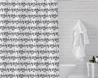 Modern Black & White "Wash" Script Fabric Shower Curtain