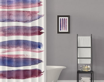 Burgundy Red / Maroon and Blue Watercolor Brush Stroke Stripes Fabric Shower Curtain - For Minimalist Modern Home - Premium Luxury Material