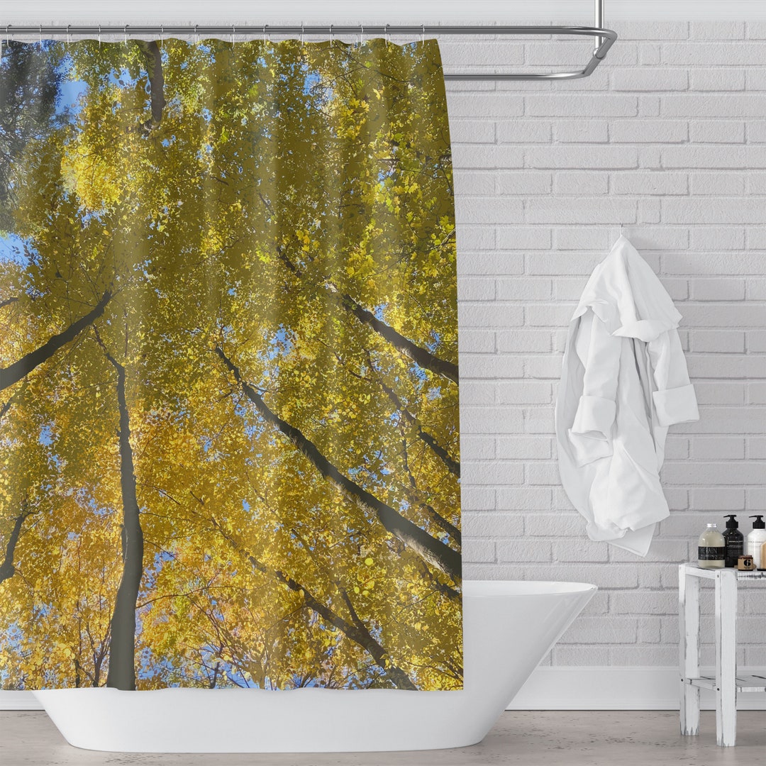 Golden Trees Fall Forest Scene Shower Curtain Poster Style Art New England Woods Washable Fabric