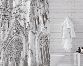 New York Cityscape: Saint Patrick's Cathedral - Neutral Gray and White Shower Curtain