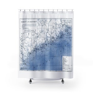 Map Of Coastal Maine Blue and White Fabric Shower Curtain Showing Casco Bay and Beyond Remastered Lighthouse Location Map image 2