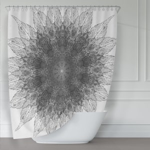 Gray and White Spinning Leaves Mandala Shower Curtain - Soft Fabric - Dark Charcoal Gray / Black - Modern Spa / Unique Bathroom Decor Piece