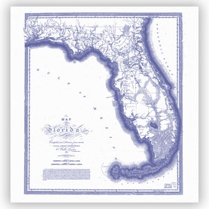 Blue Map of Florida Shower Curtain Vintage Map Art Printed on White Fabric for Florida Home image 3