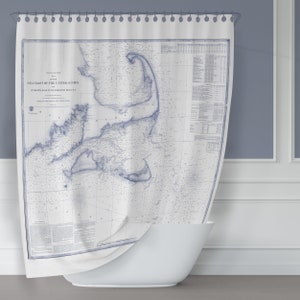 Vintage Cape Cod, Martha's Vineyard, Nantucket e South Massachusetts Seacoast Mappa / Carta nautica in tessuto blu e bianco Tenda da doccia