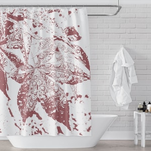 Maroon and White Leaves Shower Curtain - Red Japanese Maple with Raindrops Modern Abstract Photo Art Print on Silky Fabric