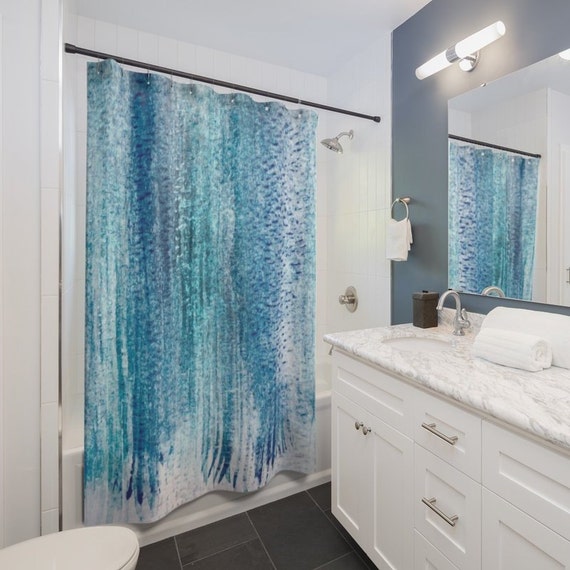 Aqua Blue Turquoise Watercolor Fabric Shower Curtain For Aqua Blue Turquoise Watercolor Fabric, Turquoise Blue Shower Curtains