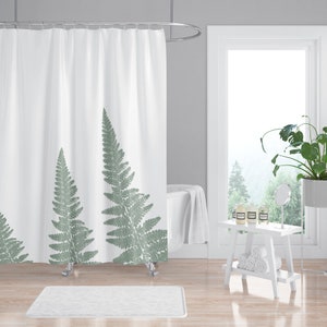 Green Woodland Ferns on White - Botanical Bath Fabric Shower Curtain for Refreshing Home Spa Look