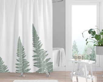Cortina de ducha botánica con helechos verdes - Decoración de spa en el bosque