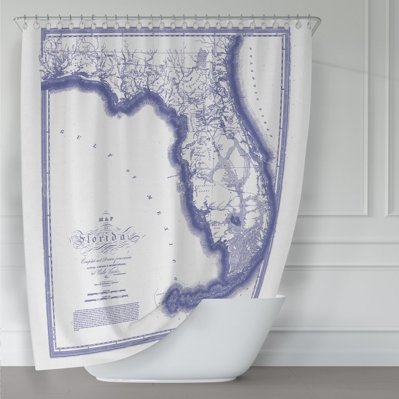 Blue Map of Florida Shower Curtain Vintage Map Art Printed on White Fabric for Florida Home image 1