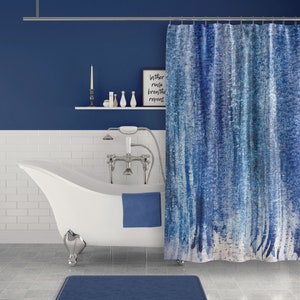 Dark Blue Abstract Watercolor Stripes Modern Coastal Fabric Shower Curtain