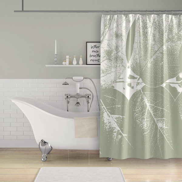 Sage Green Large-Scale Photographic Print: Leaves Monchromatic Spa Print Fabric Shower Curtain