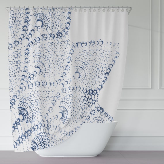 Navy Blue And White Lace Print Fabric Shower Curtain Etsy