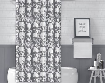 Gray Skulls Shower Curtain - Paris Catacombs Fabric Art, Halloween Decor