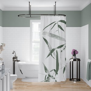 Bamboo Print Fabric Shower Curtain - Green and White Minimalist Spa Design