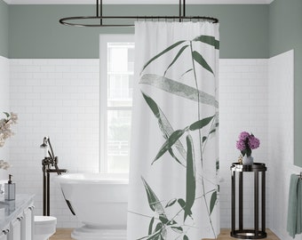 Bamboo Print Fabric Shower Curtain - Green and White Minimalist Spa Design