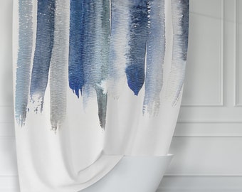 Deep Blue Watercolor Drops on White Abstract Contemporary Shower Curtain
