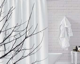 Minimalist Winter Branches Black and White Shower Curtain