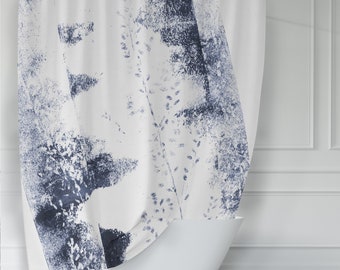 Dark Blue Wildflower Art Print Shower Curtain - Bold, Dark and Modern - Machine Washable Fabric