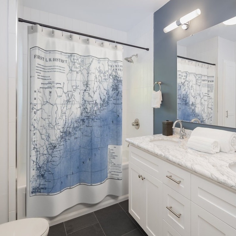 Map Of Coastal Maine Blue and White Fabric Shower Curtain Showing Casco Bay and Beyond Remastered Lighthouse Location Map image 7