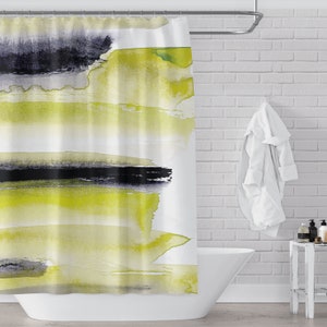 Chartreuse Lime Green, Black and White Watercolor Abstract Stripes Bold & Modern Shower Curtain for Bold Contemporary Bathroom