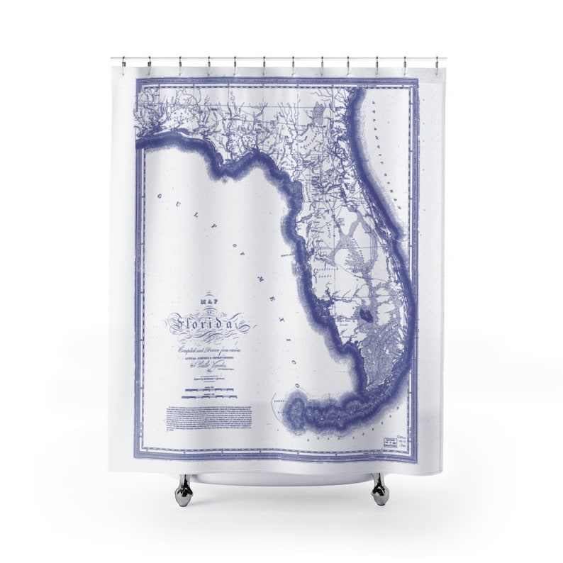 Blue Map of Florida Shower Curtain Vintage Map Art Printed on White Fabric for Florida Home image 2