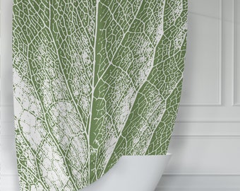 Dark Sage / Olive Green & White Leaf Detail Shower Curtain