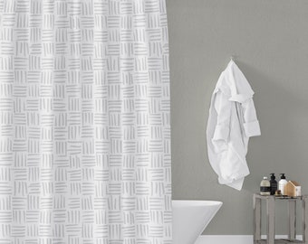 Gray Basketweave Fabric Shower Curtain, Modern Geometric Pattern