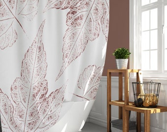 Burgundy Leaves Oversized Ink Prints for Modern Botanical Bathroom Fabric Shower Curtain