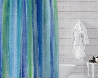 Underwater Blue Green Watercolor Vertical Stripes Fabric Shower Curtain