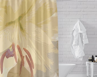 Cream Lily Large Art Print Shower Curtain - Warm Light Yellow Pop Art Flower Photo Art - Neutral Soft Tones - Premium Fabric