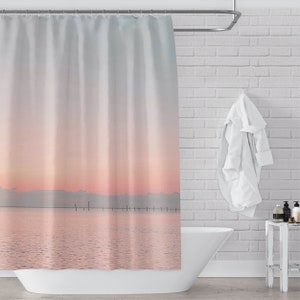 Pink Beach Sunset Scene Shower Curtain - Virginia Beach / Chesapeake Bay - Premium Fabric, Original Photo Art for Beach Bathroom