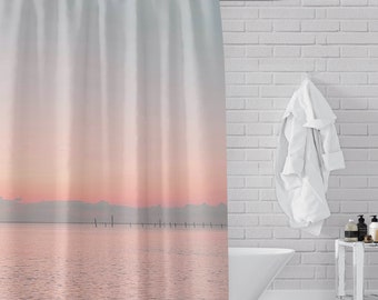 Pink Beach Sunset Scene Shower Curtain - Virginia Beach / Chesapeake Bay - Premium Fabric, Original Photo Art for Beach Bathroom