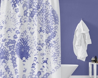 Deep Periwinkle Blue Boho Watercolor Lace Print Fabric Shower Curtain for Cheerful Mature Purple / Blue Bathroom
