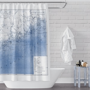 Map Of Coastal Maine Blue and White Fabric Shower Curtain Showing Casco Bay and Beyond Remastered Lighthouse Location Map image 1