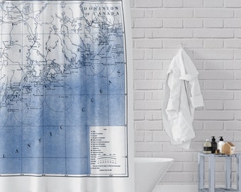 Map Of Coastal Maine - Blue and White Fabric Shower Curtain Showing Casco Bay and Beyond - Remastered Lighthouse Location Map