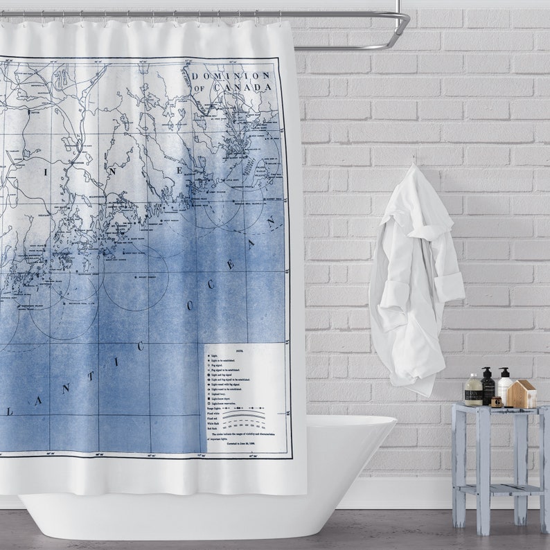 Map Of Coastal Maine Blue and White Fabric Shower Curtain Showing Casco Bay and Beyond Remastered Lighthouse Location Map image 1