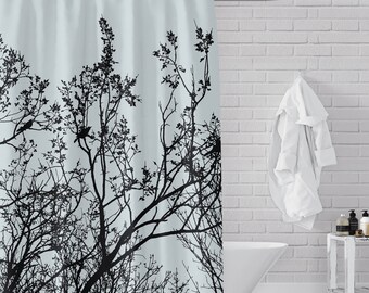 Birds in a Tree Shower Curtain - Black Silhouette on Gray / Sky Blue Background