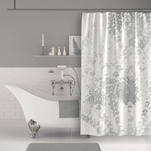 Gray and White Lace Mandala Watercolor Print Fabric Shower Curtain for Neutral Rustic Modern / Farmhouse Bathroom