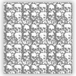 May include: A seamless pattern of white skulls on a grey background. The skulls are arranged in a repeating pattern, creating a spooky and eerie design.