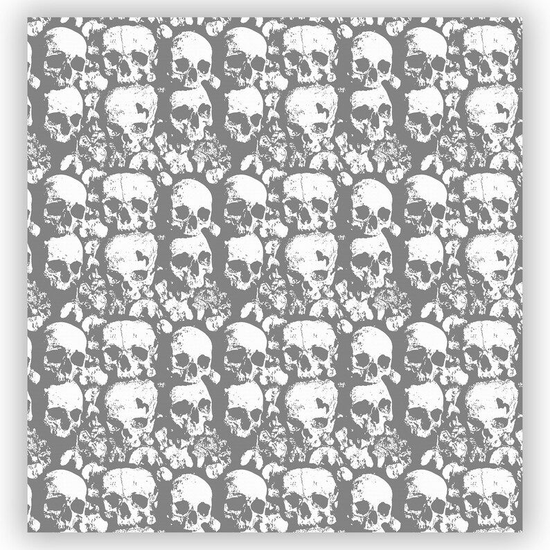 May include: A seamless pattern of white skulls on a grey background. The skulls are arranged in a repeating pattern, creating a spooky and eerie design.