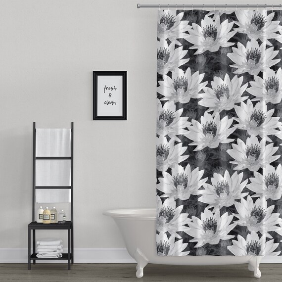 Lotus Flower Black And White Spa Design Fabric Shower Curtain Etsy