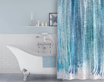 Aqua Blue / Turquoise Watercolor Fabric Shower Curtain for Modern Beach Bathroom