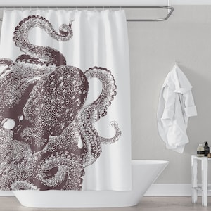 Gray Brown Octopus Vintage Illustration / on White Fabric Shower Curtain for Unique Modern Coastal Look