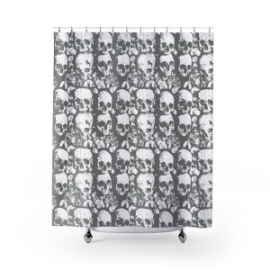 May include: A grey shower curtain with a white skull and crossbones pattern.