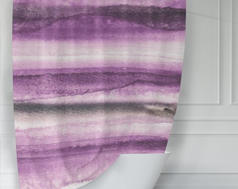 Regal Purple & Charcoal Gray Watercolor Brush Stripes Shower Curtain - Washable Silky Fabric - Original Art - Unique Design