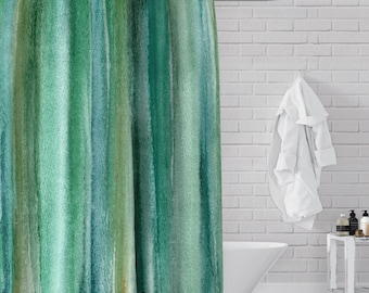 Emerald Green Watercolor Stripes Rich Briliant Color Fabric Shower Curtain
